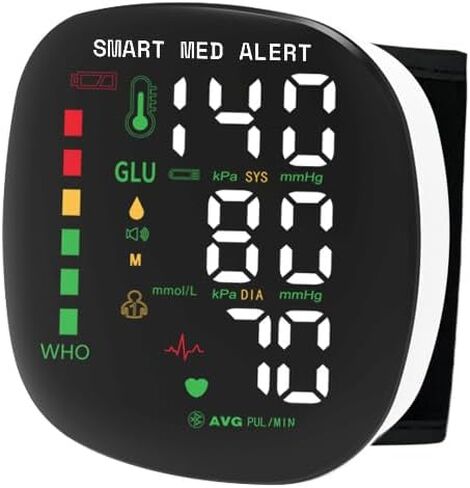 جهاز قياس ضغط الدم الذكي Med Alert، جهاز BP رقمي للمعصم قابل لإعادة الشحن مع أساور قابلة للتعديل، تخزين الذاكرة لمستخدمين، شاشة LCD، مثالية للاستخدام المنزلي، حقيبة حمل in Kuwait