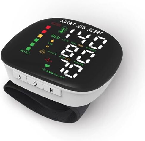 جهاز قياس ضغط الدم الذكي Med Alert، جهاز BP رقمي للمعصم قابل لإعادة الشحن مع أساور قابلة للتعديل، تخزين الذاكرة لمستخدمين، شاشة LCD، مثالية للاستخدام المنزلي، حقيبة حمل in Kuwait
