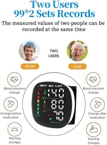 جهاز قياس ضغط الدم الذكي Med Alert، جهاز BP رقمي للمعصم قابل لإعادة الشحن مع أساور قابلة للتعديل، تخزين الذاكرة لمستخدمين، شاشة LCD، مثالية للاستخدام المنزلي، حقيبة حمل in Kuwait