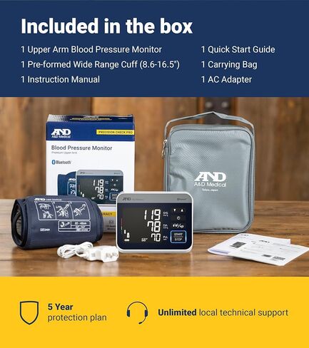 A&D Medical Precision Check Pro Blood Pressure Monitor for Home Use with Bluetooth UA-910BLE - Wide Range Cuff (8.6-16.5" / 22-42cm), 4 Users, iOS & Android Compatible, AC Adapter & Carrying Case in Saudi Arabia