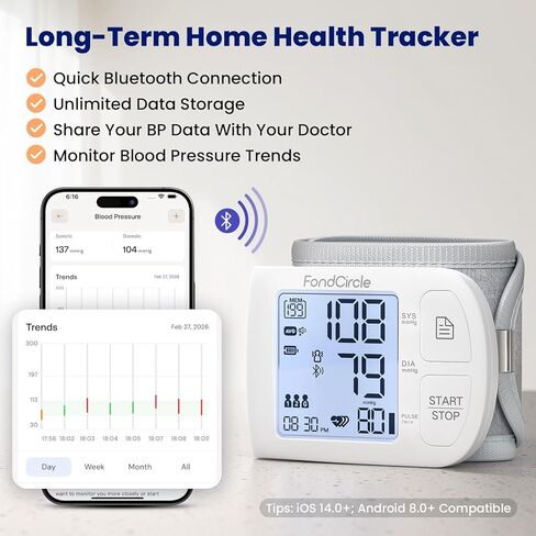 جهاز مراقبة ضغط الدم من المعصم، سوار ضغط الدم التلقائي بتقنية البلوتوث للاستخدام المنزلي، جهاز رقمي يتحدث مع مزامنة التطبيقات الذكية، وضع 3 مستخدم 398 ذاكرة، (5.3 بوصة - 8.5 بوصة في الكفة) in Kuwait