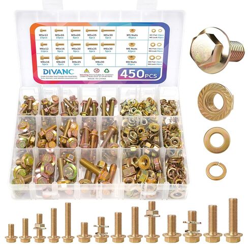 مجموعة متنوعة من 450 قطعة من البراغي والصواميل ذات الحافة المترية من الدرجة 8.8، مجموعة متنوعة من مسامير وصواميل شفة M5 M6 M8 ذات الغطاء السداسي، مطلية بالزنك الأصفر، الطول من 12-30 مم (450 قطعة M5 M6 M8) in Kuwait