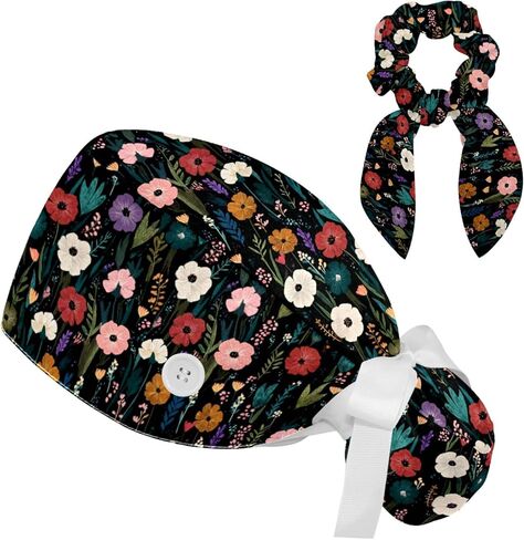 قبعات فرك للنساء مع ذيل حصان وأزرار، قبعة جراحية زهرية، قبعات فرك ممرضة للشعر الطويل، منتفخة قابلة للتعديل in Kuwait