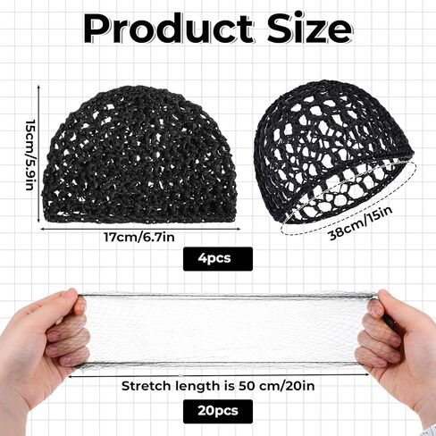 4 PCS Hair Nets for Sleeping Crochet Hair Net for Silk Press Mesh Hair-Wrap Hair-Bun Cover with 20 PCS Elasticity Invisible Elastic Mesh for Women Silk Press Curly Hairs Sleeping (Black) in Saudi Arabia
