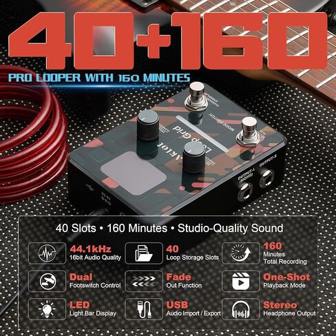 AKLOT Compact Guitar Looper Pedal: 40 Slots 160 Minutes Loop Pedal with 44.1kHz 16-bit Audio, LED Indicator, Unlimited Overdub, USB Import/Export, Headphone Output, Loop Station for Electric Guitar in Saudi Arabia