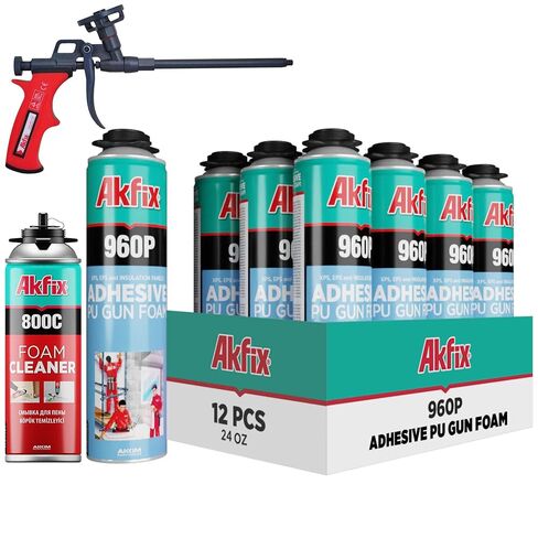 Akfix 960P Foam Board Adhesive with Strong Bonding (12x24 Oz) | Construction Adhesive for Wall & Facade, Subfloor, XPS & EPS Foamboard Panels and Drywalls | Gun&Cleaner Included | 12 Pack in Kuwait
