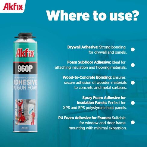 Akfix 960P Foam Board Adhesive with Strong Bonding (12x24 Oz) | Construction Adhesive for Wall & Facade, Subfloor, XPS & EPS Foamboard Panels and Drywalls | Gun&Cleaner Included | 12 Pack in Saudi Arabia