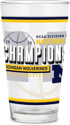 نظارات Rico Industries NCAA Michigan Wolverines 2026 للأبطال الوطنيين لكرة السلة للرجال بوزن 16 أونصة مع شعار مطبوع رقميًا، زجاج شرب كلاسيكي - رائع للاستخدام اليومي in Saudi Arabia