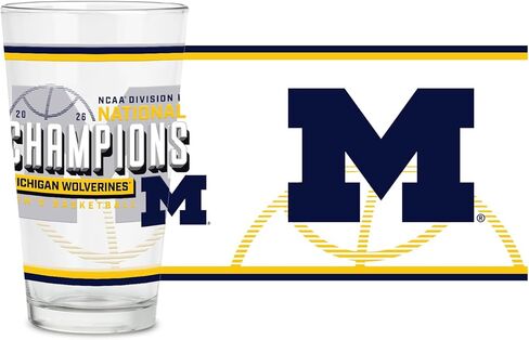 نظارات Rico Industries NCAA Michigan Wolverines 2026 للأبطال الوطنيين لكرة السلة للرجال بوزن 16 أونصة مع شعار مطبوع رقميًا، زجاج شرب كلاسيكي - رائع للاستخدام اليومي in Saudi Arabia