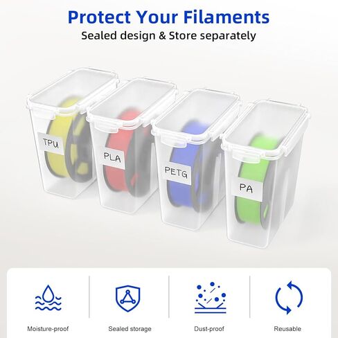 Filament Storage Box - 4 Pack 3D Printing Filament Container with Thick Silicone Seal, Dust-Proof Reusable Organizer with Writable Labels for 1.75mm PLA, ABS, PETG, TPU, PA (9.05"×7.87"×3.54") in Kuwait