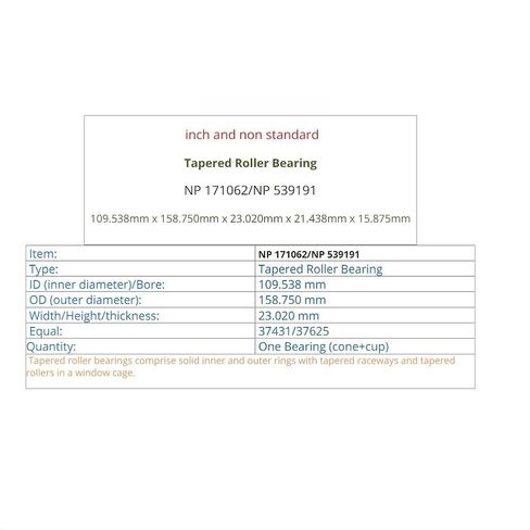 1PC Inch Bearing NP 171062 NP 539191 109.538X158.75X23.020MM Cone + Cup Single-Row Tapered Roller Bearings Non Standard in Saudi Arabia