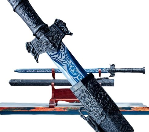 سيف هان الصيني ذو النمط الأزرق المصنوع يدويًا من LOONGSWORD - فولاذ عالي المنغنيز ومقبض من سبائك PC-ABS، سيف عرض للفنون القتالية مقاس 40.6 بوصة مع غمد من الجلد الصناعي in Kuwait