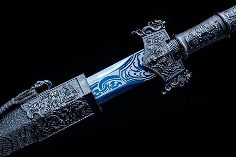 سيف هان الصيني ذو النمط الأزرق المصنوع يدويًا من LOONGSWORD - فولاذ عالي المنغنيز ومقبض من سبائك PC-ABS، سيف عرض للفنون القتالية مقاس 40.6 بوصة مع غمد من الجلد الصناعي in Kuwait