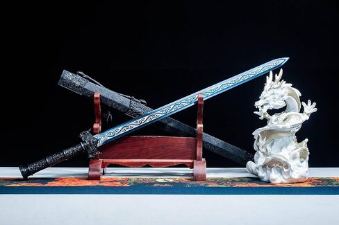 سيف هان الصيني ذو النمط الأزرق المصنوع يدويًا من LOONGSWORD - فولاذ عالي المنغنيز ومقبض من سبائك PC-ABS، سيف عرض للفنون القتالية مقاس 40.6 بوصة مع غمد من الجلد الصناعي in Kuwait
