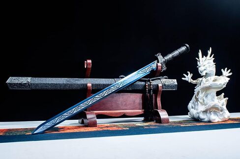 سيف هان الصيني ذو النمط الأزرق المصنوع يدويًا من LOONGSWORD - فولاذ عالي المنغنيز ومقبض من سبائك PC-ABS، سيف عرض للفنون القتالية مقاس 40.6 بوصة مع غمد من الجلد الصناعي in Kuwait