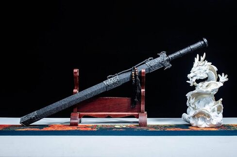 سيف هان الصيني ذو النمط الأزرق المصنوع يدويًا من LOONGSWORD - فولاذ عالي المنغنيز ومقبض من سبائك PC-ABS، سيف عرض للفنون القتالية مقاس 40.6 بوصة مع غمد من الجلد الصناعي in Kuwait