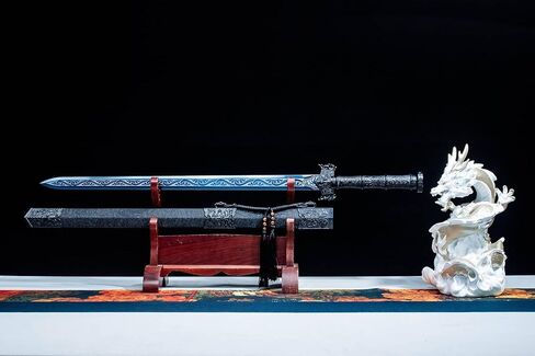 سيف هان الصيني ذو النمط الأزرق المصنوع يدويًا من LOONGSWORD - فولاذ عالي المنغنيز ومقبض من سبائك PC-ABS، سيف عرض للفنون القتالية مقاس 40.6 بوصة مع غمد من الجلد الصناعي in Kuwait