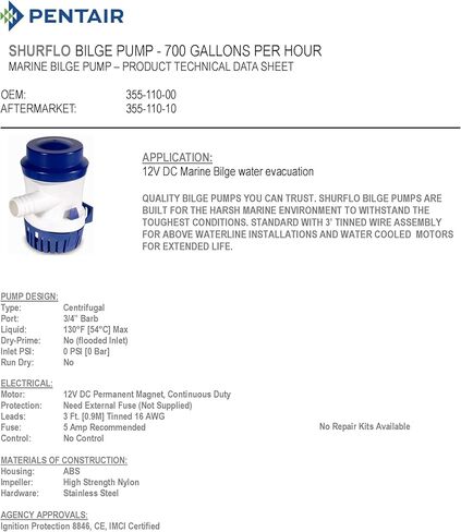 PENTAIR SHURFLO 355-110-10 Bilge Pump, 700 GPH Submersible Marine Pump, Anti-Airlock, ABS Housing, Nylon Impeller, Ignition Protected, 12V DC, CE Certified in Saudi Arabia