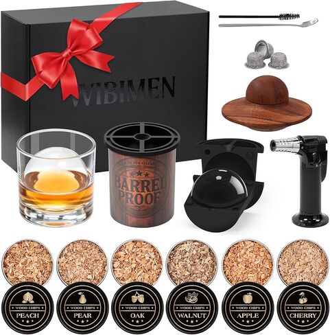 مجموعة أدوات تدخين الويسكي مع شعلة - مجموعة أدوات تدخين قديمة الطراز لبوربون والويسكي - مجموعة أدوات تدخين المشروبات مع رقائق الخشب - هدية للرجال والأب والزوج/الأب (1، مجموعة أدوات تدخين و2 قالب كرة ثلج و2 كأس) in Kuwait