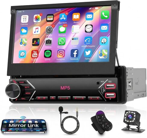 Carplay اللاسلكي واحد DIN Car Stereo Stereo Touchnens Android Auto ، 7 '' '' 'Flip Out Screen Car Stereo مع استقبال صوت سيارة Bluetooth ، FM/Amradio ، كاميرا احتياطية/رابط المرآة/USB/Aux/Type-C الشحن السريع in Kuwait