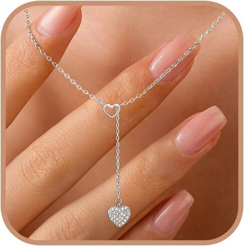 Lariat Y Heart Necklace for Women, 925 Sterling Silver CZ Heart Tassel Long Chain Choker Necklace to Daughter Mother Infinity Love Teardrop Minimalist Pendant Charm Fashion Wedding Jewelry Gift in Saudi Arabia