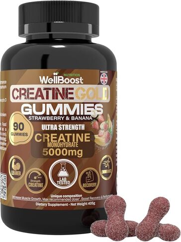 WellBoost Creatine Gold - 5000 مجم كرياتين مونوهيدرات، علكات نباتية خالية من السكر لنمو العضلات الخالية من الدهون، والقدرة على التحمل، والتعافي والطاقة (كمية تكفي لمدة شهر واحد) بنكهة الفراولة والموز. in Saudi Arabia