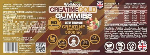 WellBoost Creatine Gold - 5000 مجم كرياتين مونوهيدرات، علكات نباتية خالية من السكر لنمو العضلات الخالية من الدهون، والقدرة على التحمل، والتعافي والطاقة (كمية تكفي لمدة شهر واحد) بنكهة الفراولة والموز. in Saudi Arabia