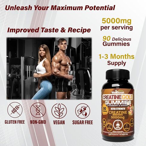 WellBoost Creatine Gold - 5000 مجم كرياتين مونوهيدرات، علكات نباتية خالية من السكر لنمو العضلات الخالية من الدهون، والقدرة على التحمل، والتعافي والطاقة (كمية تكفي لمدة شهر واحد) بنكهة الفراولة والموز. in Saudi Arabia