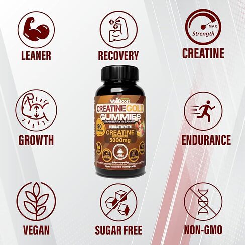 WellBoost Creatine Gold - 5000 مجم كرياتين مونوهيدرات، علكات نباتية خالية من السكر لنمو العضلات الخالية من الدهون، والقدرة على التحمل، والتعافي والطاقة (كمية تكفي لمدة شهر واحد) بنكهة الفراولة والموز. in Saudi Arabia