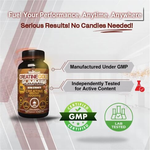 WellBoost Creatine Gold - 5000 مجم كرياتين مونوهيدرات، علكات نباتية خالية من السكر لنمو العضلات الخالية من الدهون، والقدرة على التحمل، والتعافي والطاقة (كمية تكفي لمدة شهر واحد) بنكهة الفراولة والموز. in Saudi Arabia