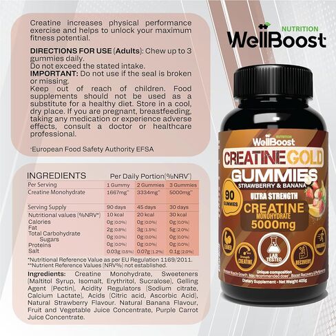 WellBoost Creatine Gold - 5000 مجم كرياتين مونوهيدرات، علكات نباتية خالية من السكر لنمو العضلات الخالية من الدهون، والقدرة على التحمل، والتعافي والطاقة (كمية تكفي لمدة شهر واحد) بنكهة الفراولة والموز. in Saudi Arabia