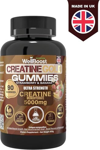 WellBoost Creatine Gold - 5000 مجم كرياتين مونوهيدرات، علكات نباتية خالية من السكر لنمو العضلات الخالية من الدهون، والقدرة على التحمل، والتعافي والطاقة (كمية تكفي لمدة شهر واحد) بنكهة الفراولة والموز. in Saudi Arabia