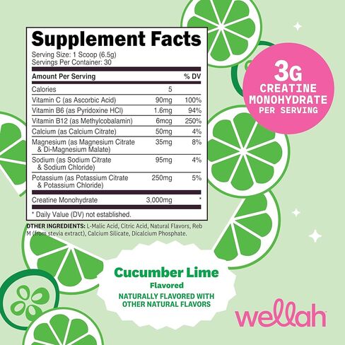 Wellah Creatine + Electrolytes Powder (Cucumber Lime) 30 Servings - Hydration Drink Mix with 3g of Creatine Monohydrate in Kuwait