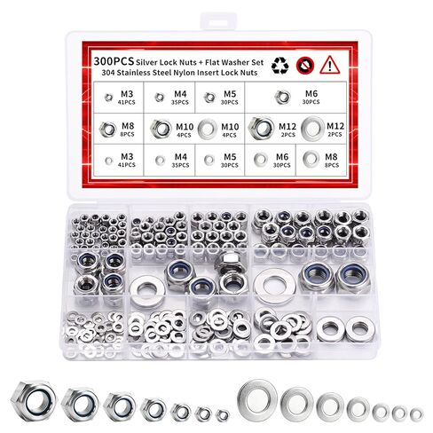 300 قطعة من صواميل الأجهزة والغسالات المعدنية للبراغي: 150 صواميل قفل مترية متنوعة مع 150 غسالات مسطحة من الفولاذ المقاوم للصدأ مجموعة متنوعة من الغسالات للبراغي (M3 M4 M5 M6 M8 M10 M12) in Kuwait