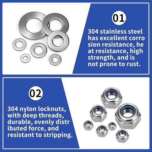 300 قطعة من صواميل الأجهزة والغسالات المعدنية للبراغي: 150 صواميل قفل مترية متنوعة مع 150 غسالات مسطحة من الفولاذ المقاوم للصدأ مجموعة متنوعة من الغسالات للبراغي (M3 M4 M5 M6 M8 M10 M12) in Kuwait