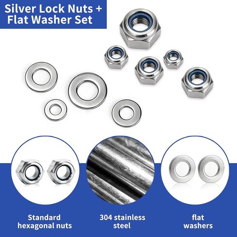 300 قطعة من صواميل الأجهزة والغسالات المعدنية للبراغي: 150 صواميل قفل مترية متنوعة مع 150 غسالات مسطحة من الفولاذ المقاوم للصدأ مجموعة متنوعة من الغسالات للبراغي (M3 M4 M5 M6 M8 M10 M12) in Kuwait