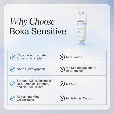 معجون أسنان بوكا الحساس - خالٍ من الفلورايد، 5% نترات البوتاسيوم، نانو هيدروكسيباتيت، تخفيف الأسنان الحساسة لحساسية الأسنان وحمايتها للبالغين - كريم جوز الهند بالنعناع، ​​118 مل، عبوة واحدة in Kuwait