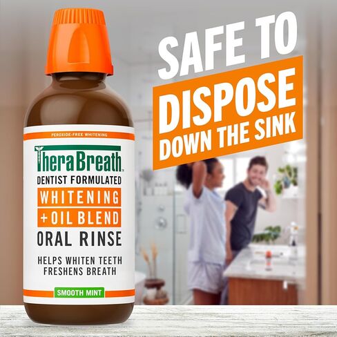 TheraBreath Whitening + Oil Blend Oral Rinse, Alcohol-Free & Peroxide-Free Mouthwash Helps Whiten Teeth & Freshen Breath, Smooth Mint, 16 Fl Oz in Kuwait
