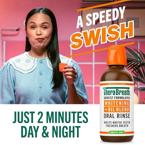 TheraBreath Whitening + Oil Blend Oral Rinse, Alcohol-Free & Peroxide-Free Mouthwash Helps Whiten Teeth & Freshen Breath, Smooth Mint, 16 Fl Oz in Kuwait