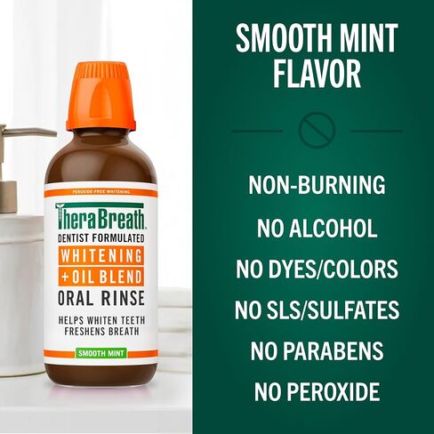 TheraBreath Whitening + Oil Blend Oral Rinse, Alcohol-Free & Peroxide-Free Mouthwash Helps Whiten Teeth & Freshen Breath, Smooth Mint, 16 Fl Oz in Kuwait