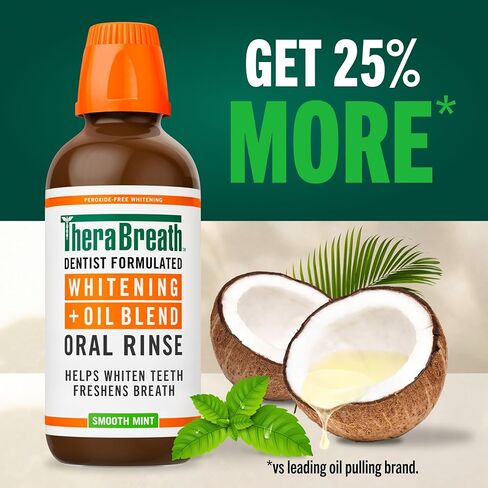 TheraBreath Whitening + Oil Blend Oral Rinse, Alcohol-Free & Peroxide-Free Mouthwash Helps Whiten Teeth & Freshen Breath, Smooth Mint, 16 Fl Oz in Kuwait