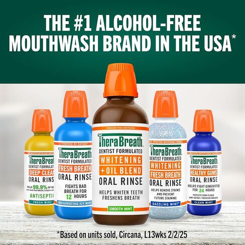 TheraBreath Whitening + Oil Blend Oral Rinse, Alcohol-Free & Peroxide-Free Mouthwash Helps Whiten Teeth & Freshen Breath, Smooth Mint, 16 Fl Oz in Kuwait