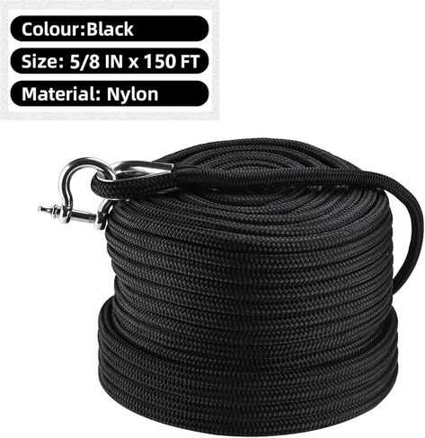 NovelBee 5/8 Inch x 150 Feet Boat Anchor Rope,Double Braid Nylon Anchor Line with Stainless Steel Thimble and Shackle,Heavy Duty Nylon Rope for Boat,Towing,Docking,Mooring (Black) in Saudi Arabia