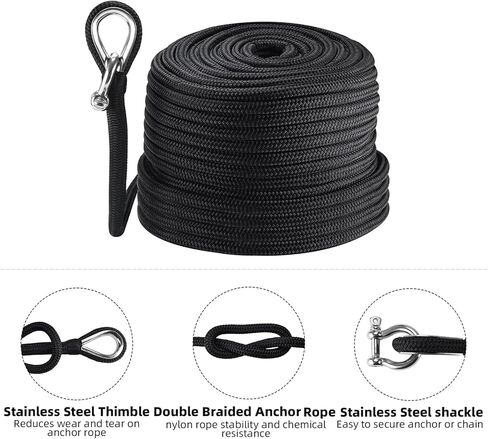 NovelBee 5/8 Inch x 150 Feet Boat Anchor Rope,Double Braid Nylon Anchor Line with Stainless Steel Thimble and Shackle,Heavy Duty Nylon Rope for Boat,Towing,Docking,Mooring (Black) in Saudi Arabia