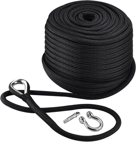 NovelBee 5/8 Inch x 150 Feet Boat Anchor Rope,Double Braid Nylon Anchor Line with Stainless Steel Thimble and Shackle,Heavy Duty Nylon Rope for Boat,Towing,Docking,Mooring (Black) in Saudi Arabia