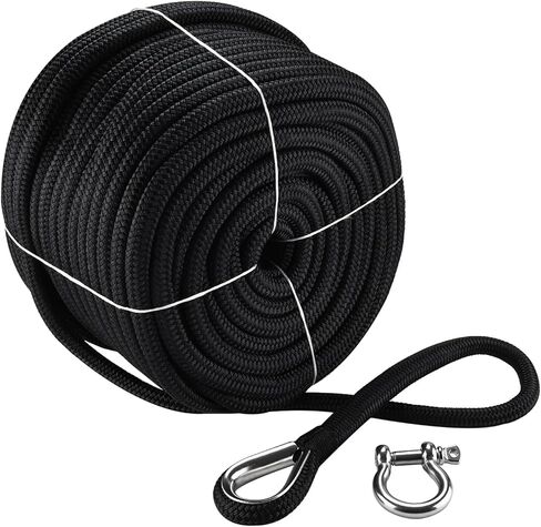 NovelBee 5/8 Inch x 150 Feet Boat Anchor Rope,Double Braid Nylon Anchor Line with Stainless Steel Thimble and Shackle,Heavy Duty Nylon Rope for Boat,Towing,Docking,Mooring (Black) in Saudi Arabia