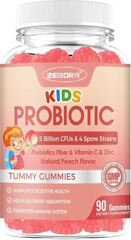 Kids Probiotic-Fiber Gummies, Probiotics-Fiber Gummies for Kids with 5 Billion CFUs & Prebiotics for Digestive Health, with Vitamin C and Zinc for Immune Support, 45 Servings, Natural Peach Flavor in Kuwait