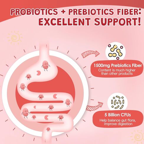 Kids Probiotic-Fiber Gummies, Probiotics-Fiber Gummies for Kids with 5 Billion CFUs & Prebiotics for Digestive Health, with Vitamin C and Zinc for Immune Support, 45 Servings, Natural Peach Flavor in Kuwait
