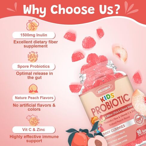 Kids Probiotic-Fiber Gummies, Probiotics-Fiber Gummies for Kids with 5 Billion CFUs & Prebiotics for Digestive Health, with Vitamin C and Zinc for Immune Support, 45 Servings, Natural Peach Flavor in Kuwait