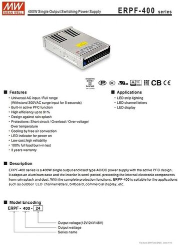 ERPF-400-12 12V 30A 360W مزود طاقة تحويل صناعي، مدخل جهد عريض (90-264VAC)، لشاشات LED الخارجية، وصناديق الإضاءة الإعلانية، ومراقبة الأمان - معتمد من UL/CE، ضمان لمدة 3 سنوات in Saudi Arabia